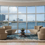 Lounge area in the lobby at Three Tequesta renovated by Capital Contractor Services