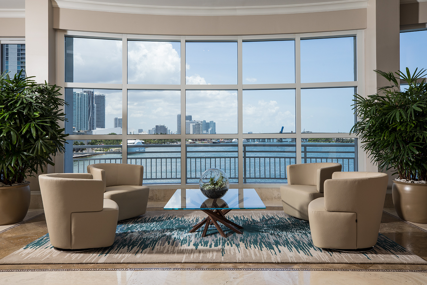 Lounge area in the lobby at Three Tequesta renovated by Capital Contractor Services