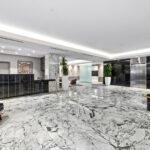 New marble front desk and columns were installed during the lobby renovation of Costa Brava