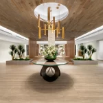 Main lobby featuring new flooring, lighting and custom constructed pieces by Capital Contractor Services