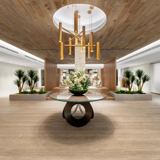 Main lobby featuring new flooring, lighting and custom constructed pieces by Capital Contractor Services