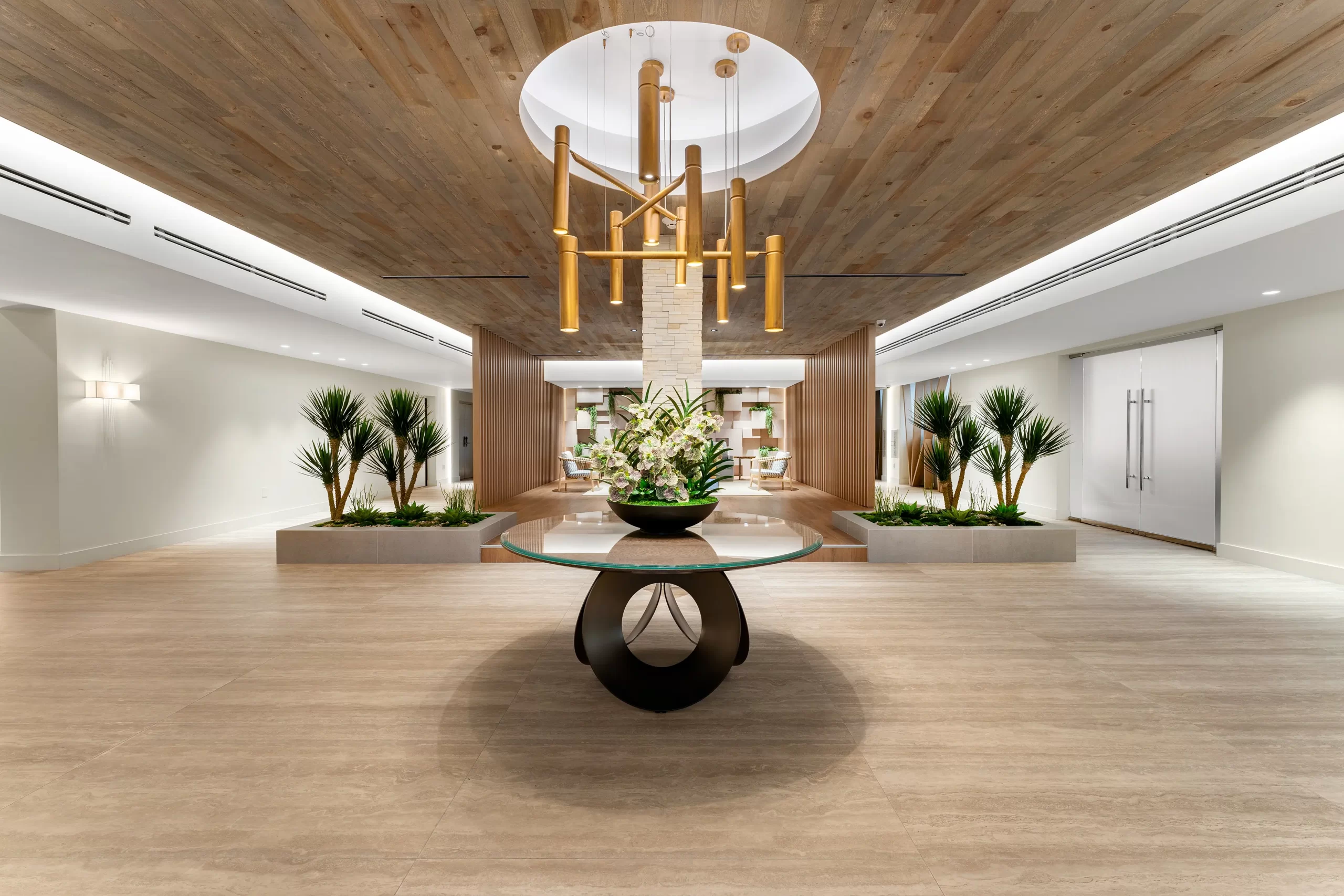 Main lobby featuring new flooring, lighting and custom constructed pieces by Capital Contractor Services