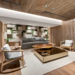 Main seating area in the lobby of the roney palace with custom shelving constructed by Capital Contractor Services